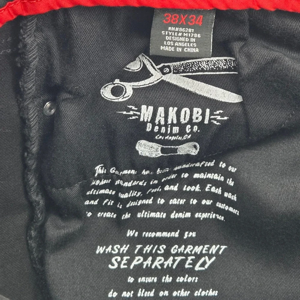 Makobi Biker Moto Jeans Mens 38x34 Black Distressed Slim‎ Streetwear Zip Pockets